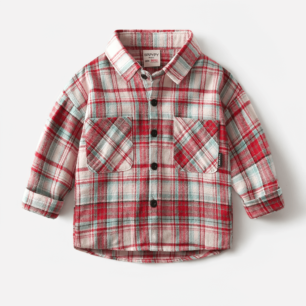 Plaid Long-Sleeved Button-Down Shirt for Kids - SF3523 in red and white check pattern.